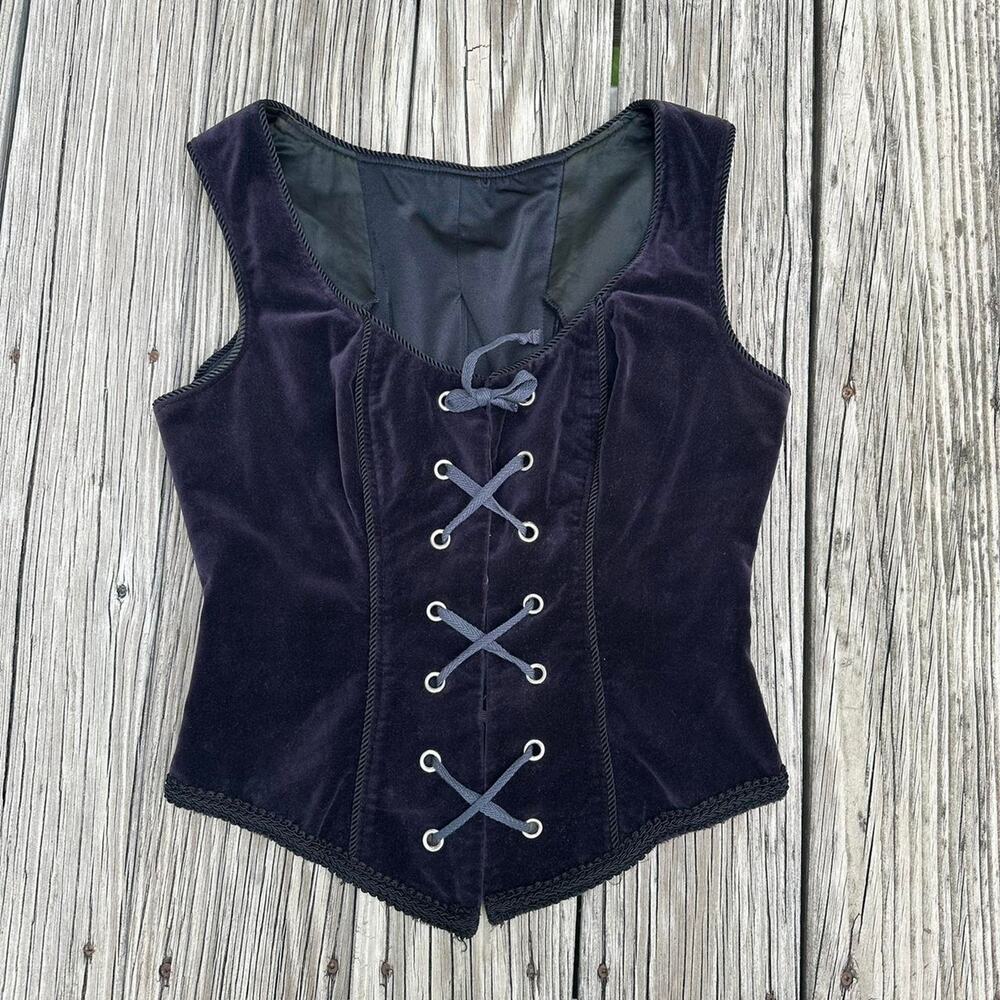 Vintage Shrine of Hollywood Goth Deep Purple Velour Lace Up Corset Top - Size XL - Picture 3 of 8